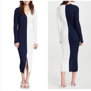 Navy Blue and White Button-Up Maxi Dress